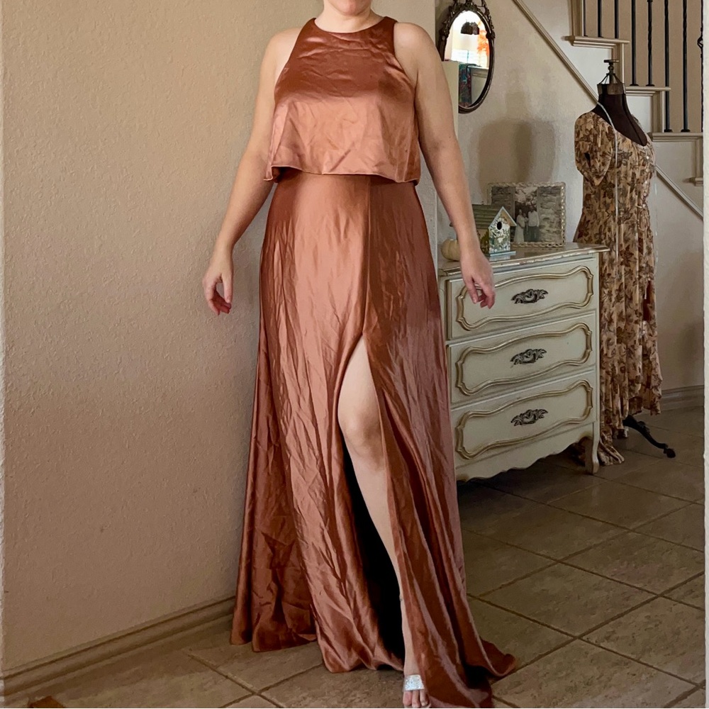 Revelry Womens Size 14 Copper Satin Maxi Dress Bridesmaid Formal Bronze Slit